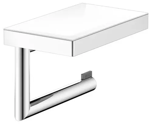 Wandregal mit schmaler, rechteckiger, weißer Fläche und glänzendem, verchromtem Metalluntergestell. Ideal für moderne Badezimmergestaltung.